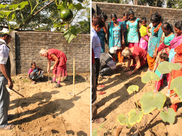 Udover det vertikale, ryddede vi et langt stykke jord og plantede kartofler. Lis forklarede, hvordan rækker skal laves lige og at der ikke skal så mange planter i jorden pr. række - og så skal kartoflerne vandes! Det synes alle var ret skørt. Vanding er ikke noget man gør særlig meget her.