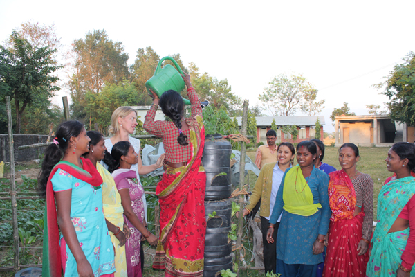 Til sidst: En tomatplante og en gang vand i toppen. Der er forskellige grøntsager i de forskellige huller, dels for at eksperimentere med, hvad der virker, dels fordi nogle grønne ting jager uønskede insekter væk.